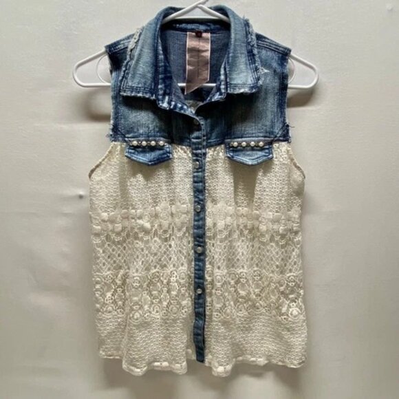 Moon Collection Sleeveless Top Women's Medium Denim Lace Western Boho Sheer GUC - Picture 1 of 10